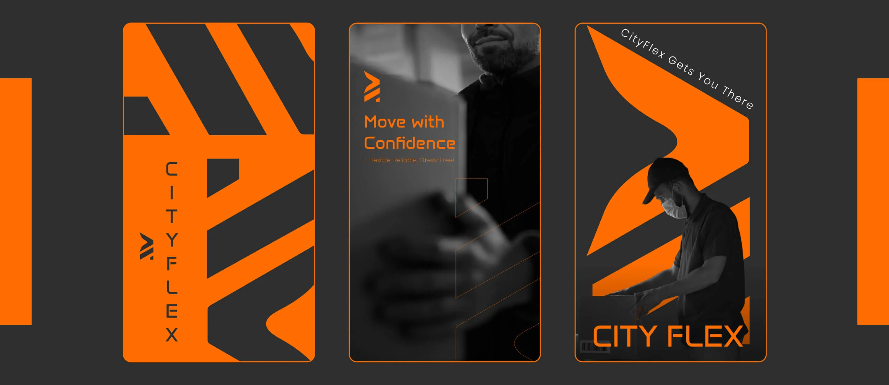 City Flex brand visuals in vibrant orange and charcoal